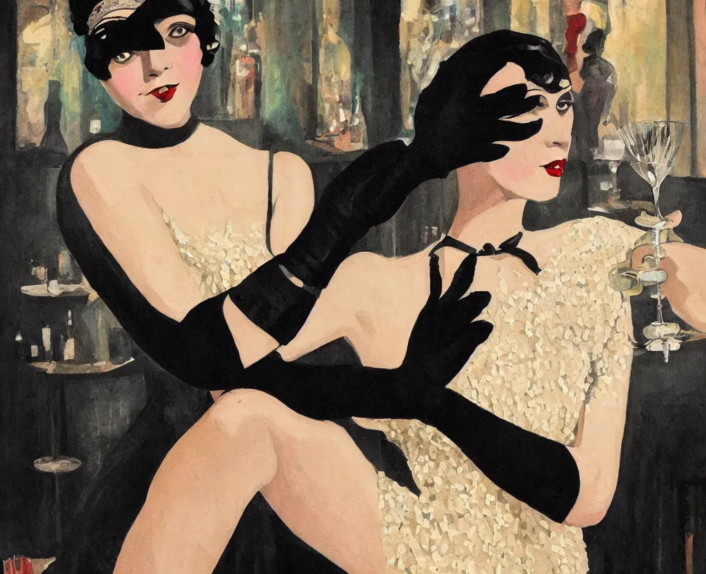 Image similar to realistic painting of a 1 9 2 0 s short - haired flapper woman in black satin gloves looking at the camera, as a party dances in the distant background, at a dimly lit speakeasy bar, jazz age, precise, wide shot, cohesive, stylistic, art deco style, cinematic, low - lighting