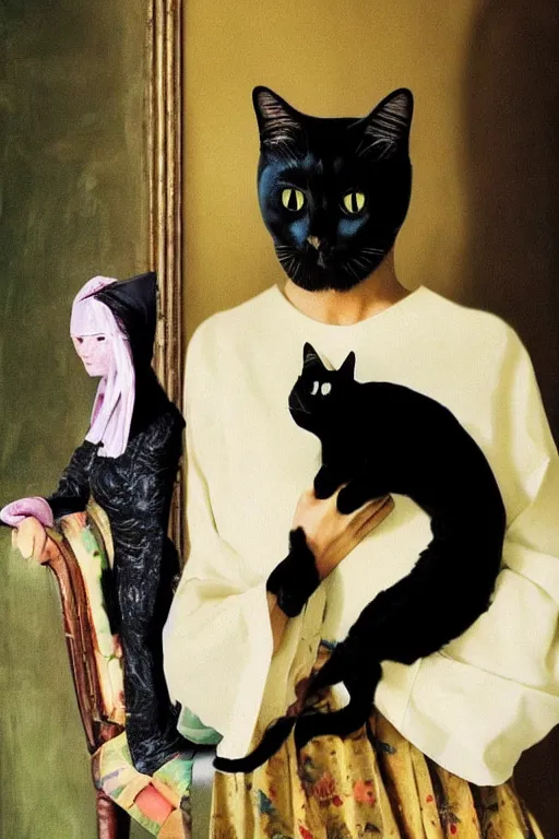 Image similar to hyperrealism fashion portrait photo with black cat from The Holy Mountain by Alejandro Jodorowsky in style of Francisco Goya