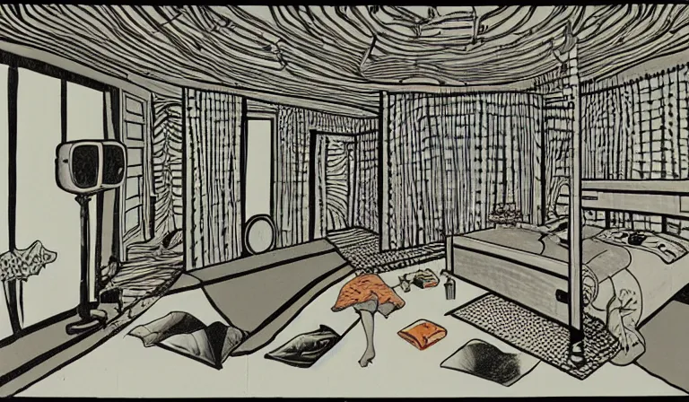 Image similar to A bedroom designed by Junji Ito, 35mm film, long shot