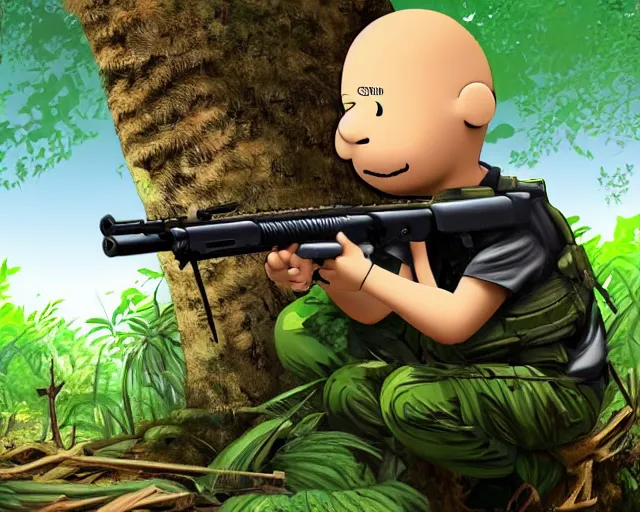 Prompt: Charlie Brown in the jungles of Vietnam holding a M16 rifle, ultra realistic digital painting,