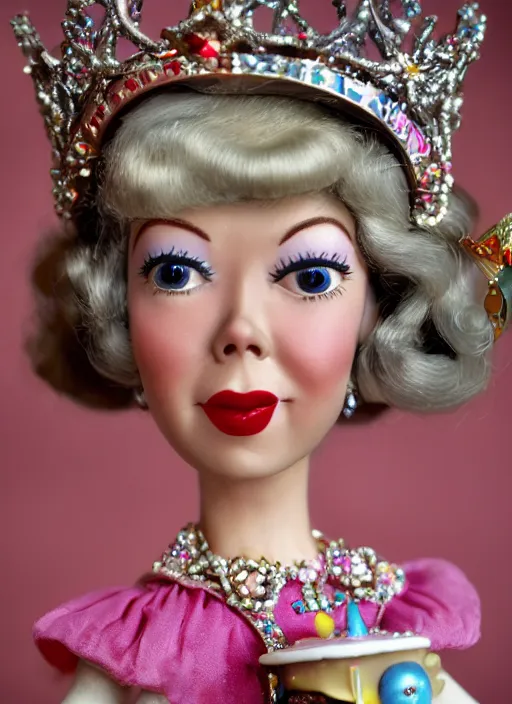 Image similar to closeup face profile portrait of tin toy doris day as a fairytale princess wearing a crown eating cakes, bikini, depth of field, zeiss lens, detailed, symmetrical, centered, fashion photoshoot, by nicoletta ceccoli, mark ryden, lostfish, breathtaking, 8 k resolution, extremely detailed, beautiful, establishing shot, artistic, hyperrealistic, octane render