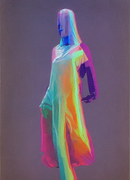 Image similar to colorful rainbow woman in a translucent clothing made from plastic bag with paper bags for clothes standing inside paper bags with paper bag over the head at store display, highly detailed, artstation, art by paul lehr, edward hopper, zdislav beksinski, wayne barlowe