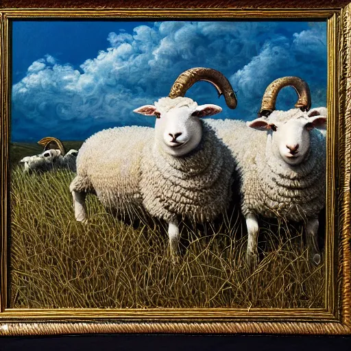 Image similar to three sheep in a wonderful nature scene, beautiful, intricate, hyper detailed, painting