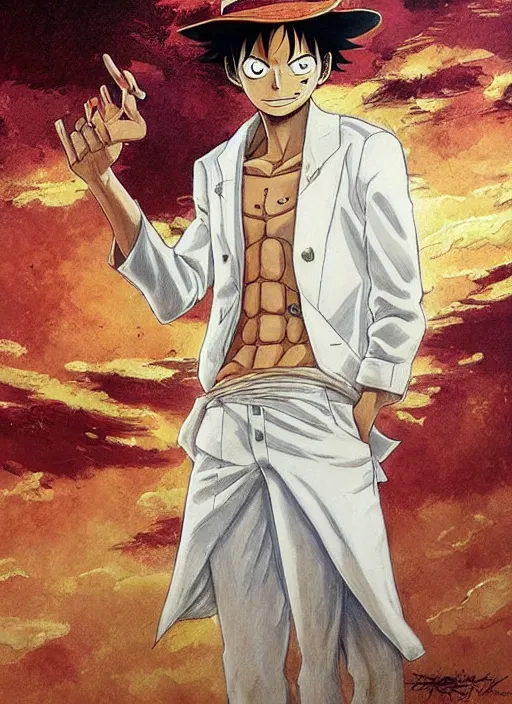 Image similar to Luffy wearing a white suit, candid shot, intricate, extremely detailed painting by Henry Justice Ford and by Greg Rutkowski and by Moebius, golden hour
