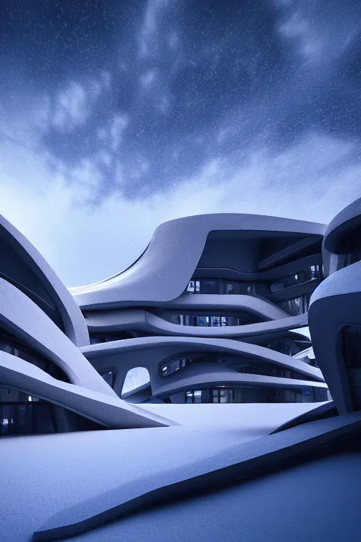 Prompt: a futuristic scene in front of a zaha hadid building in the french alps in the style of chris moore, cinematic matte painting, extreme detail photo quality, dark moody colors, snowfall, featured on behance