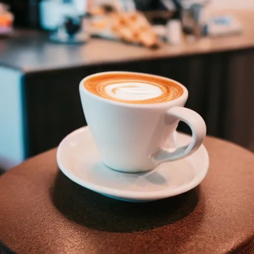 Prompt: a cup of latte in a toilet - shaped mug, fresh bakeries in the background, in a bright cafe, 3 5 mm, f 1. 8