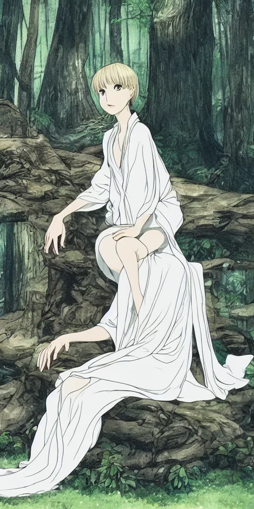 Prompt: an empress sitting by herself on a sofa in a forest wearing a white robe drawn by cloverworks studio, elegant, beauty, tarot card