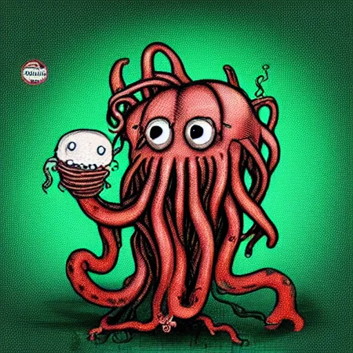 Image similar to Cthulhu with spaghetti as its tentacles, and a meatballs as its eyes