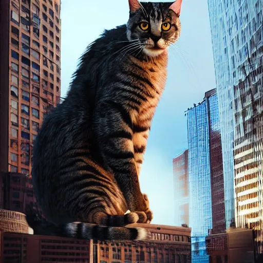 Image similar to giant cat invading detroit, dslr, 8 k, octane beautifully detailed render, detailed lighting, cinematic lighting, detailed photo, masterpiece, volumetric lighting, ultra realistic, highly detailed, high quality, lossless, photorealistic