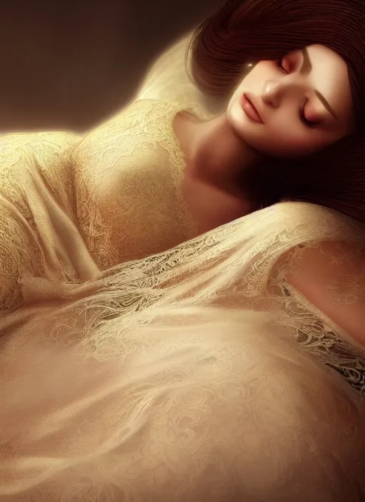 Image similar to young woman beautiful face : : sleeping lace dress : : night home bed : : weta disney pixar movie still photo : : decadent highly - detailed digital painting, full length shot, golden ratio, octane render, artstation, smooth, sharp focus, artgerm, mucha, loish, wlop, gogo