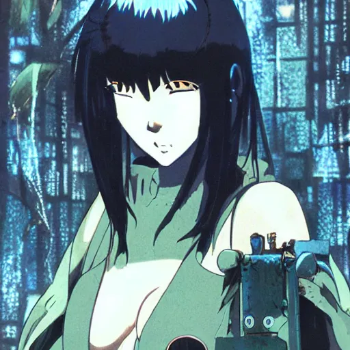 Image similar to a female anime character with long black hair, in a misty jungle surrounded by broken technology, in the style of mamoru oshii, ghost in the shell