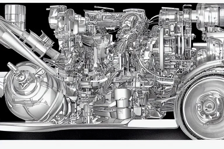 Image similar to f1 engine cutaway illustration by jean giraud moebius engineering black and white chrome