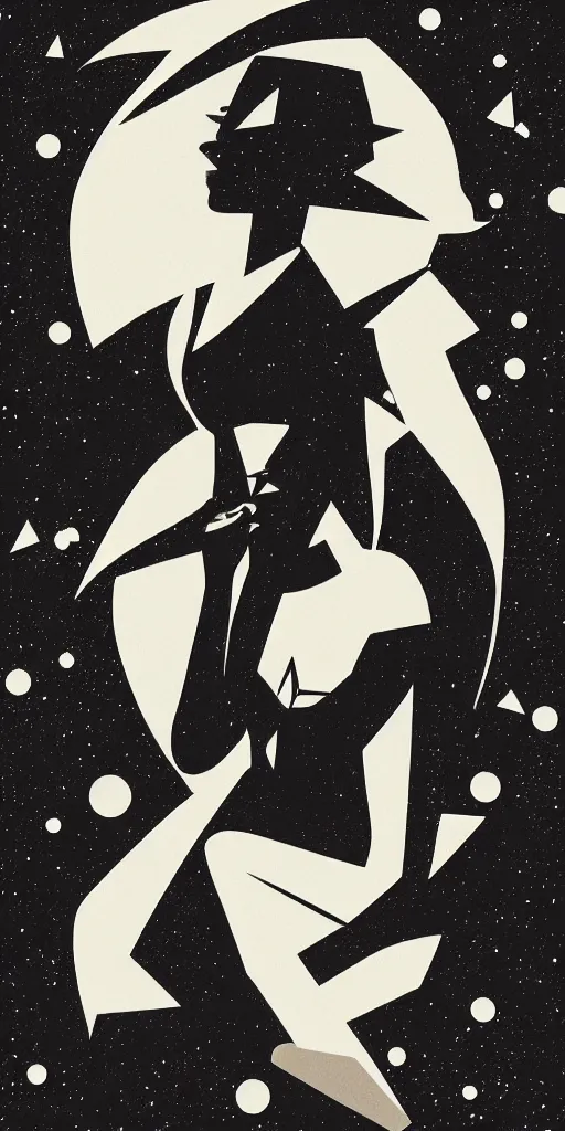 Image similar to “ femme on a galactic shore, noir, solid shapes, geometric art deco, french, palette, plain, no fine details, horror theme, isaac asimov ”