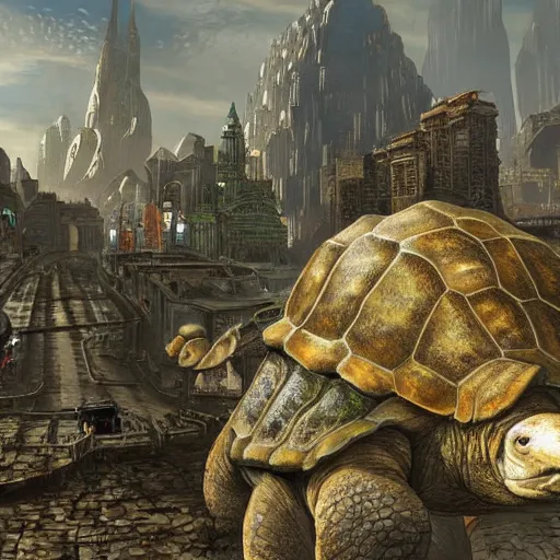 Image similar to fantasy city on a giant tortoise's back while the tortoise walks through a wasteland. The city has streets and markets, Realistic. Hyper detailed.