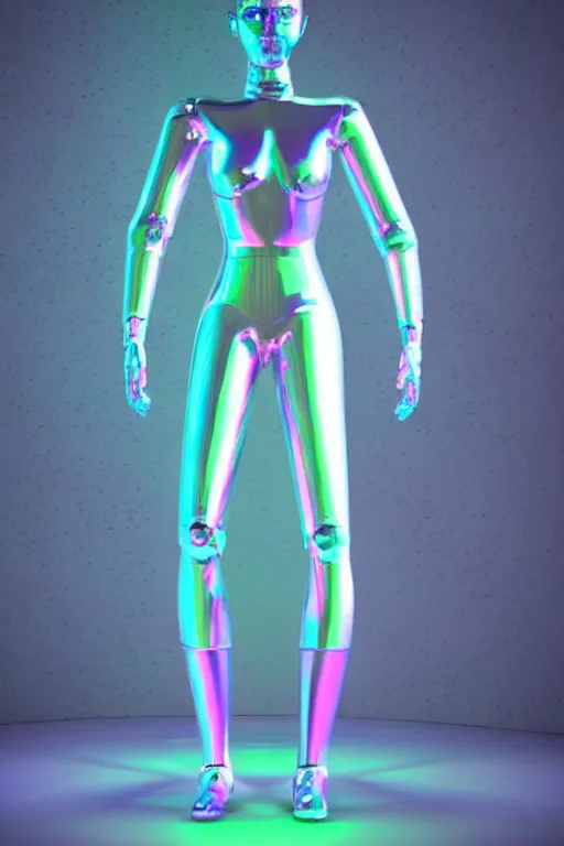 Image similar to 3d render of holographic human robotic made of glossy iridescent, full body robot, full body render, surrealistic 3d illustration of a human non-binary, non binary model, 3d model human, cryengine, made of holographic texture, holographic material, holographic rainbow, concept of cyborg and artificial intelligence