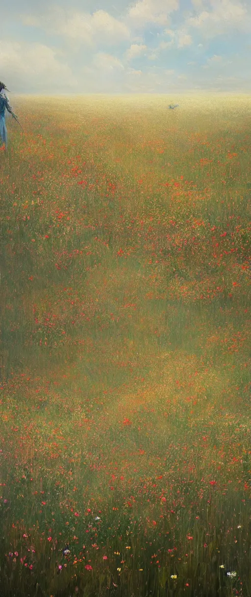 Prompt: A painting of a field of flowers trending on artstation in the style of Greg Rutkowski