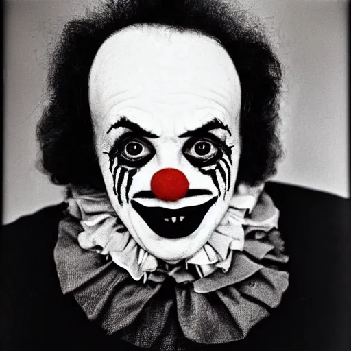 Image similar to portrait of clown by diane arbus, black and white photography