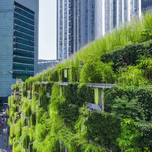 Prompt: a medium wide shot of a utopian city walkway on top of buildings, green plants