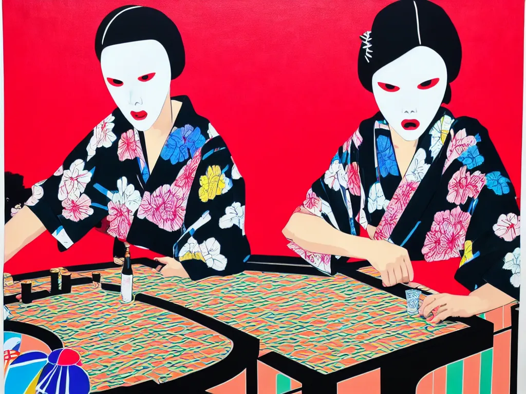 Image similar to hyperrealism composition of the detailed woman in a japanese kimono sitting at a poker table with slenderman, fireworks on the background, pop - art style, jacky tsai style, andy warhol style, acrylic on canvas