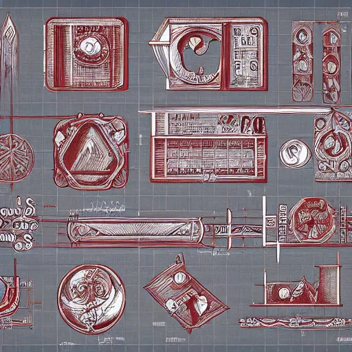 Image similar to simple blueprint drawings of spells, red symbols, blueprint red ink, calotype, lost grimoire, found papers, black paper, symmetry, RED writing, decay, full page writings, ornate borders + concept art, intricate writing, artstation, junji ito