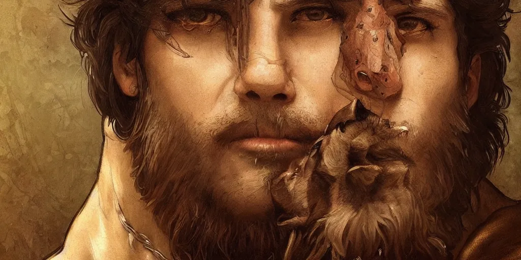 Prompt: renaissance painting portrait of a gruff ranger with a wolf, lean and toned, handsome face, hairy chest, Savage Worlds, intricate, elegant, highly detailed, digital painting, artstation, concept art, matte, sharp focus, illustration, art by da Vinci, Artgerm and Greg Rutkowski and Alphonse Mucha