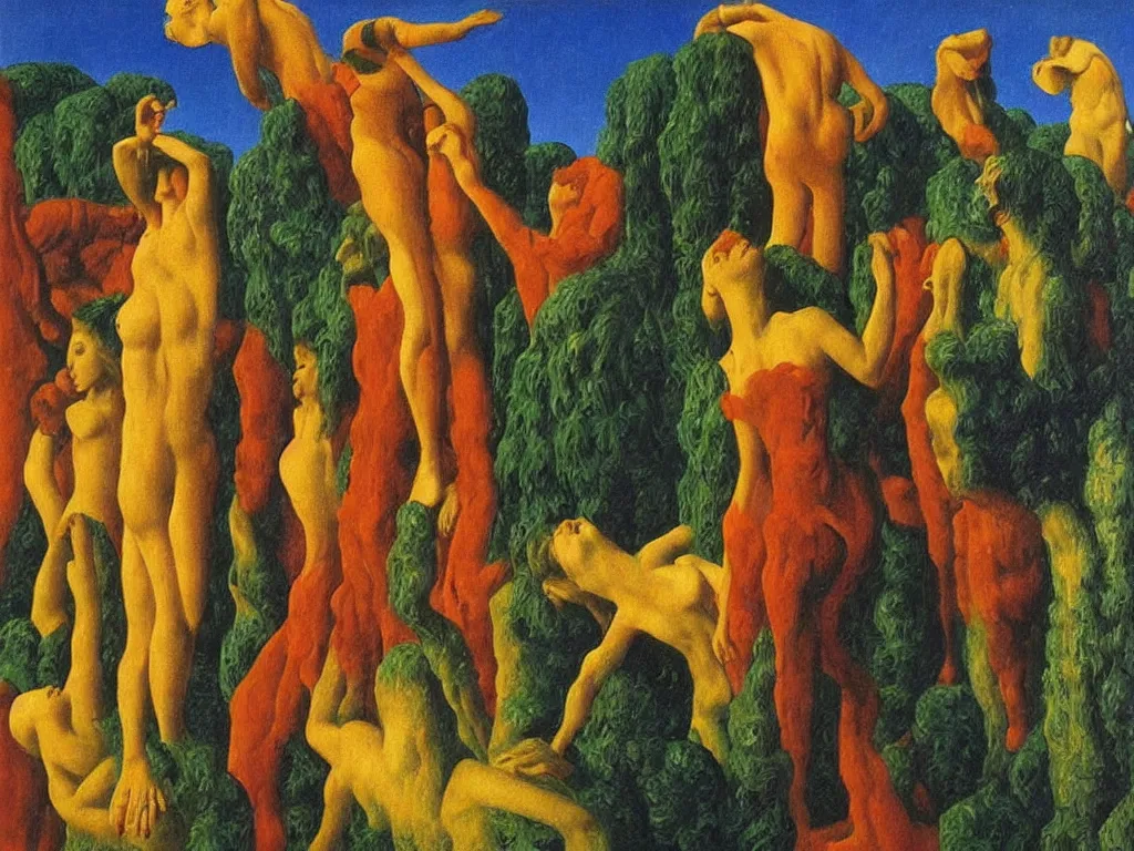 Image similar to Scene from a Romanian movie. Painting by Rene Magritte, Jean Delville, Max Ernst, Maria Sybilla Merian