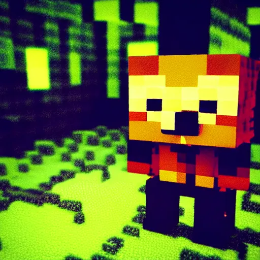 Image similar to macro photo of a realistic minecraft creeper, photorealistic, grim and gloomy lighting,, selfie!!!!!, spooky filter, 4 k, 8 k