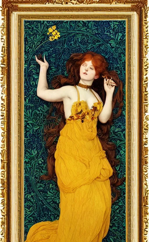 Image similar to full body reclining masterpiece of preraphaelite portrait photography, brown hair fringe, yellow ochre ornate medieval dress, william morris and kilian eng and mucha, framed, 4 k