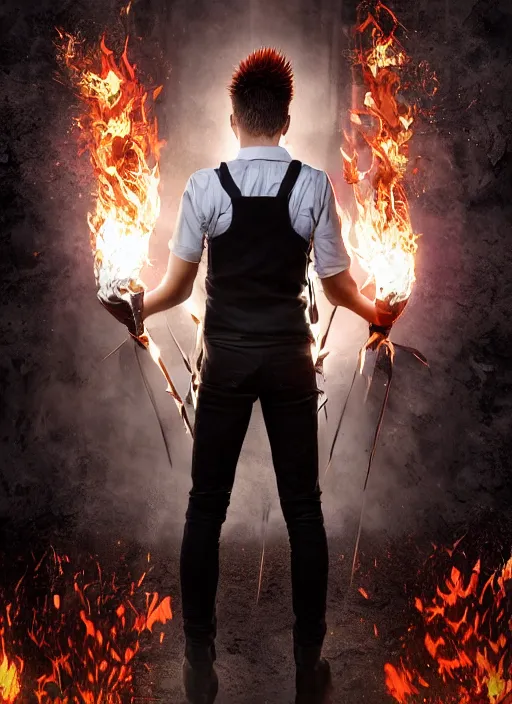 Image similar to An epic fantasy comic book style portrait painting of young man with long red spiked hair. Wearing a black waistcoat, white shirt, using googles. Blasting fire on his hands. Unreal 5, DAZ, hyperrealistic, octane render, cosplay, RPG portrait, dynamic lighting