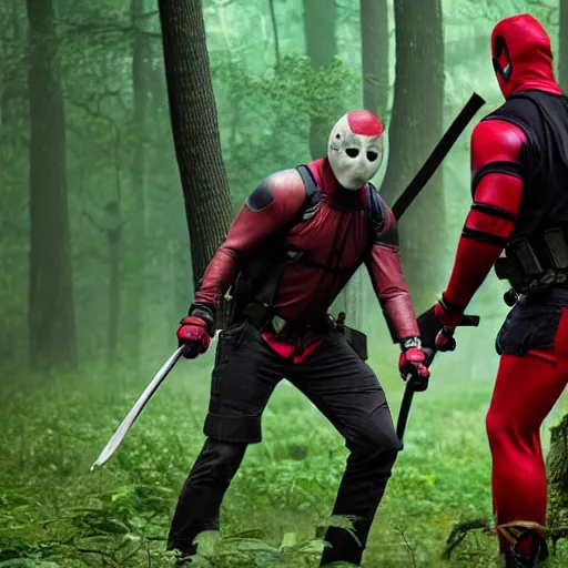 Prompt: jason voorhees fighting with deadpool in the woods digital art 4 k detailed super realistic