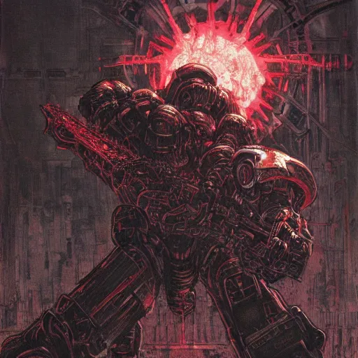 Image similar to doom slayer, pre renaissance art, tsutomu nihei art,