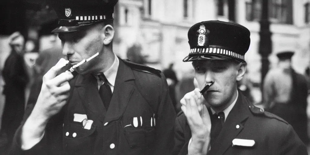 Prompt: a black and white photograph of a british police officer smoking a cigarette, street photography, 3 5 mm film, analogue, high contrast, london, war on drugs