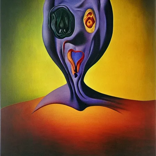 Image similar to madness creature, fluid, smooth, organic, crazy, bright, colours, tumours, high contrast, sharpness, dramatic, very detailed, intricate, by dali and magritte and edvard munch and da vinci