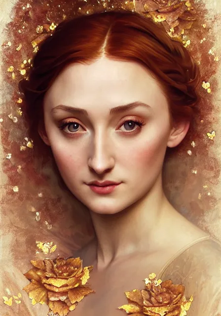 Prompt: portrait of sansa stark gold lights autumn berries roses, intricate, elegant, highly detailed, digital painting, artstation, concept art, smooth, sharp focus, illustration, art by artgerm and greg rutkowski and alphonse mucha and william - adolphe bouguereau