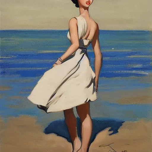 Prompt: woman in black dress on the beach, pretty face, black shoes, leyendecker style