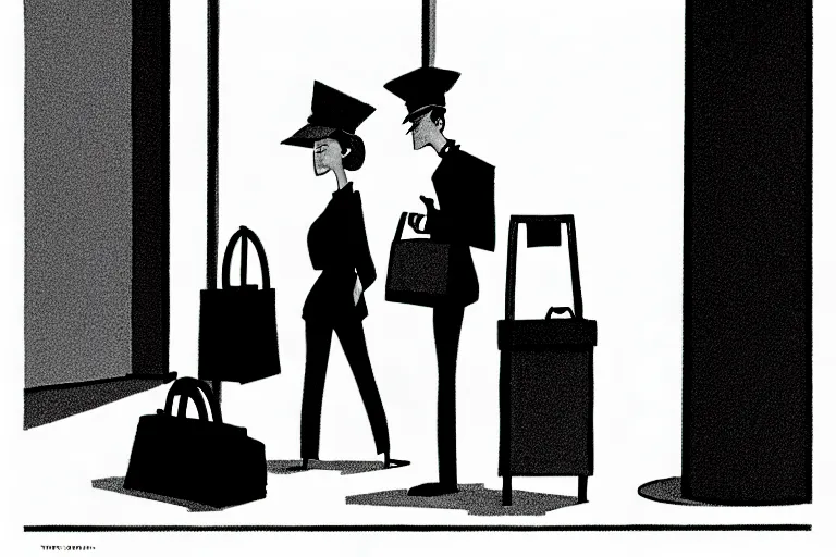 Image similar to tall, security guard checks the bags of a worried looking woman, art in the style of the new yorker,