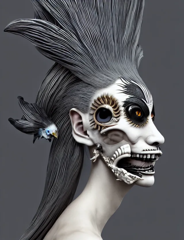 Image similar to 3 d goddess close - up profile simple portrait punk with mohawk with goat skull. beautiful intricately detailed japanese crow kitsune mask and clasical japanese kimono. betta fish, jellyfish phoenix, bio luminescent, plasma, ice, water, wind, creature, artwork by tooth wu and wlop and beeple and greg rutkowski