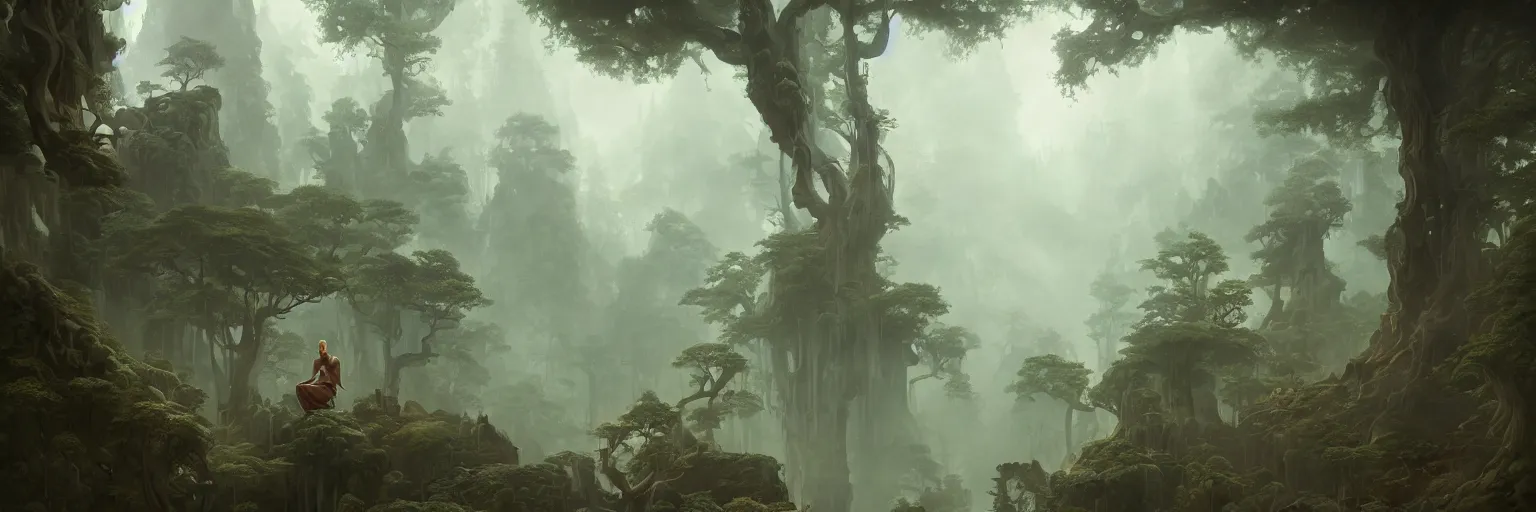 Image similar to Mysterious beautiful Buddhist forest, matte painting by Peter Mohrbacher, featured in artstation, octane render, cinematic, elegant, intricate, 8k