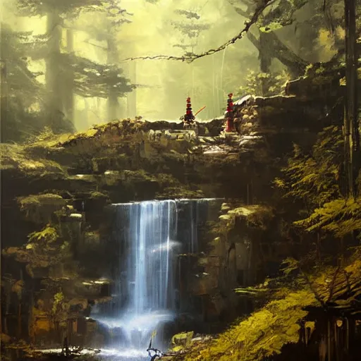 Prompt: Samurai robot resting in front of a waterfall inside a forest, oil painting, by Greg Rutkowski