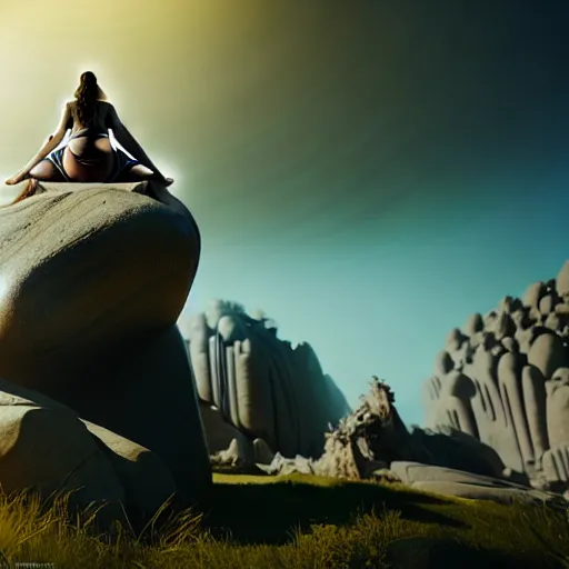 Image similar to a huge woman trapped in stone in an epic landscape, cinematic light, unreal engine, trending on artstation,