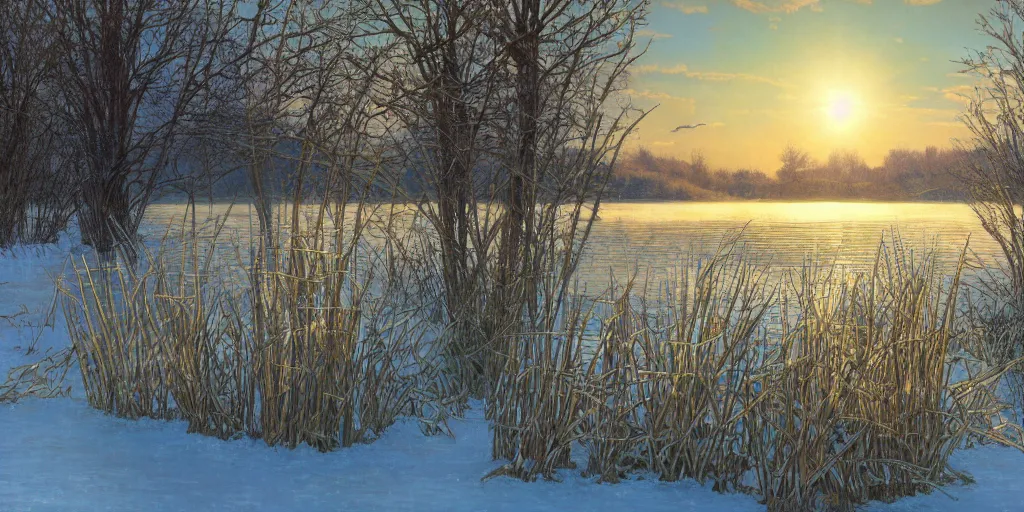 Prompt: a beautiful lake landscape in winter, frozen, romantic ambiente, no people, tall grown reed on riverbank, no mountains, clear sky, sunshine, colorful, by Mohrbacher and Moebius and Alphonse Mucha and Roger Deakins, cinematic lighting, masterpiece, highly detailed, 8k resolution, trending on art station