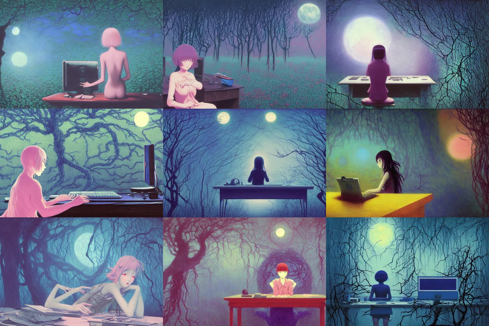 Prompt: gloomy eerie retro anime girl sitting at computer desk in a blue landscape at night, overgrown with trees and thorns. the sea is pink. bright moon in the sky, glowing moonlight in the darkness, strange ethereal being, sad eyes, Zdislaw Beksinski, Yoshitaka Amano, beautiful painting by claude monet, highly detailed textured 8k