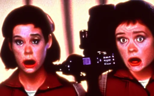 Image similar to full - color cinematic movie still from the 1 9 8 4 film ghostbusters starring young jennifer connelly and alyssa milano and lea thompson as ghostbusters. detailed facial - features ; supernatural ; action ; comedy.