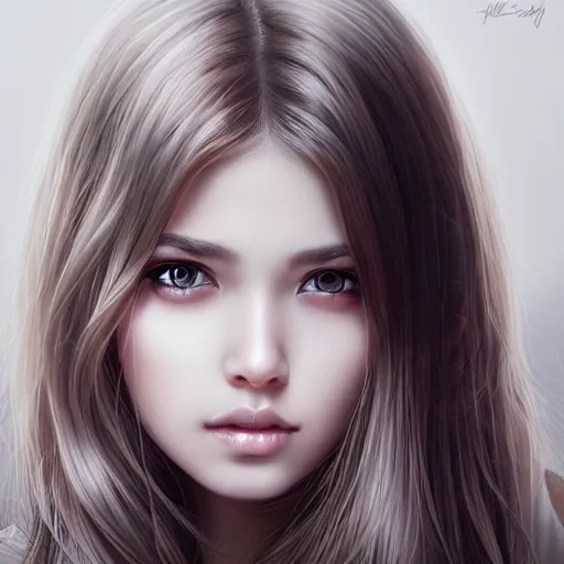 Image similar to a beautiful detailed portrait of young woman, by artgerm, little shy, beautiful eyes, long hair, high details