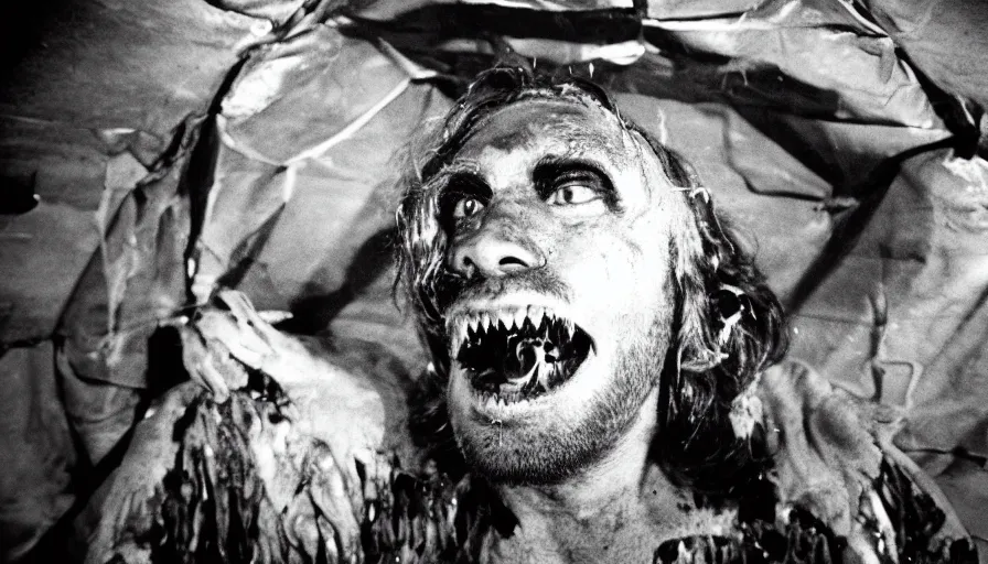 Image similar to 70s movie still close-up portrait of a man with a taxidermic bloody jaws and meat dress in a liminal space style tunnel, early black and white 8mm, heavy grain, high quality,