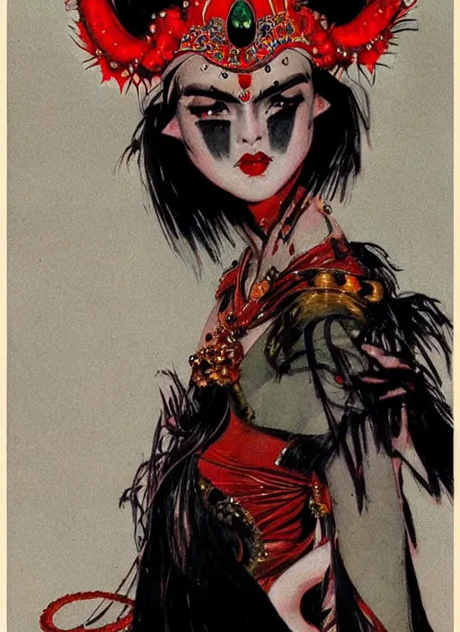 Prompt: junoesque female korean vampiress, jeweled headdress, heavy mascara, strong line, saturated color, beautiful! coherent! by frank frazetta, high contrast, minimalism