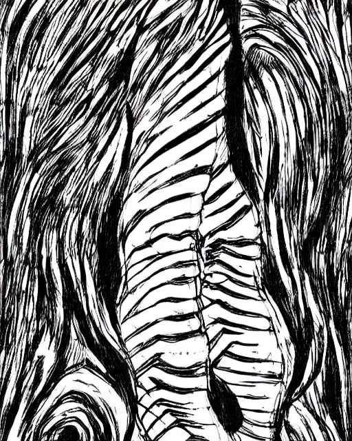 Prompt: ''Junji Ito creature, manga cover, horror, 4 legs, art by Junji Ito, black and white''