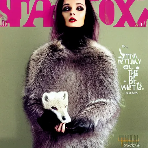 Prompt: fashion magazine cover, featuring anthropomorphic Arctic Fox dressed formally