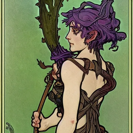 Prompt: short wood elf, purple hair, holding a long bow, green leaf cloak, leather armor, metal gauntlets, green eyes. in the style of alphonse mucha and john howe. fantasy. detailed.