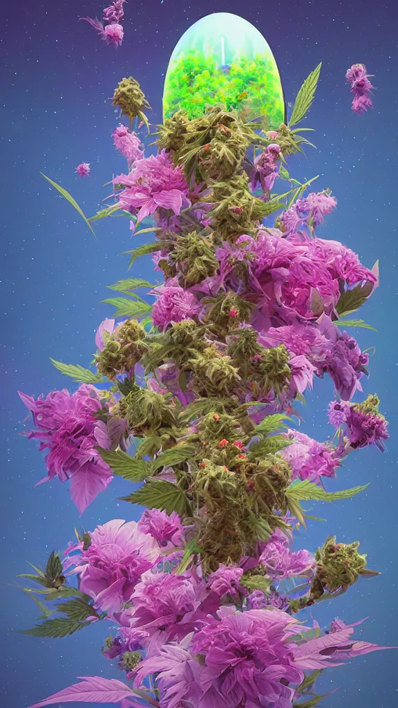 Image similar to An epic fantastic realism comic book style painting of the most beautiful cannabis flowers and buds launched into space, by James Gilleard, dank trichome bouquets, fisheye lens, unreal 5, DAZ, hyperrealistic, octane render, cosplay, RPG portrait, dynamic lighting